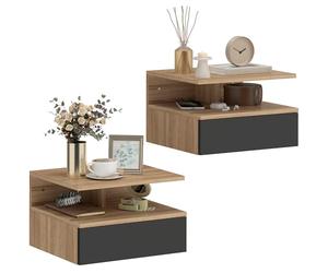HOMCOM Juego de 2 Mesitas de Noche Flotantes con Cajón, Mesillas de Noche Dormitorio, Montado en la Pared, Estilo Moderno, para Sala de Estar, 35x32x22,5 cm, Roble y Negro