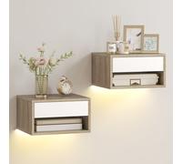 HOMCOM Juego de 2 Mesitas de Noche Flotantes con Luces LED RGB Control de APP Cajón Estante Abierto Natural y Blanco