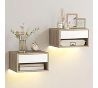 HOMCOM Juego de 2 Mesitas de Noche Flotantes con Luces LED RGB Control de App, Mesillas de Noche Dormitorio con Cajón, Estante Abierto, para Sala de Estar, 37x32x21 cm, Natural y Blanco