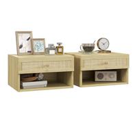 HOMCOM Juego de 2 Mesitas de Noche Flotantes de Pared con Cajón de Ratán y Estante Abierto, Mesillas de Noche Dormitorio de Estilo Nórdico, para Sala de Estar, 40x34x23 cm, Natural