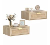 HOMCOM Juego de 2 Mesitas de Noche Flotantes, Mesillas de Noche Dormitorio con Cajón de Ratán, Ahorra Espacio, Diseño Nórdico, para Sala de Estar, 40x30x15 cm, Roble