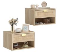 HOMCOM Juego de 2 Mesitas de Noche Flotantes, Mesillas de Noche Dormitorio con Cajón de Ratán, Estante Abierto, Ahorra Espacio, Diseño Nórdico, para Sala de Estar, 40x30x25 cm, Roble