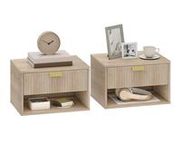 HOMCOM Juego de 2 mesitas de noche flotantes, mesitas de noche montadas en la pared con cajón estriado y estante abierto para dormitorio pequeño, mesita de noche moderna, 40 x 30 x 25 cm, roble