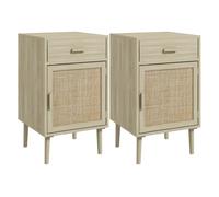 HOMCOM Juego de 2 Mesitas de Noche Mesillas de Noche Mesitas Auxiliares con Cajón de Ratán y Estante Ajustable para Dormitorio Salón 40x40x68,5 cm Roble