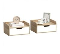 HOMCOM Juego de 2 mesitas de noche para pared, mesitas de noche colgantes con cajón y tapa con borde elevado, estilo moderno, para dormitorio, salón, 40 x 30 x 19,5 cm, blanco y madera natural