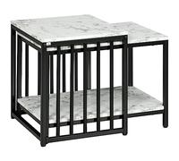 HOMCOM - Juego de 2 Muebles Auxiliares, Mesas Auxiliares para Mesa Baja Apilable con Bandeja de Madera, Efecto Mármol, Marco de Metal, Color Negro