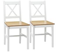 HOMCOM Juego de 2 sillas de comedor de madera maciza, silla de cocina, espíritu campaña, respaldo cruzado, blanco y roble