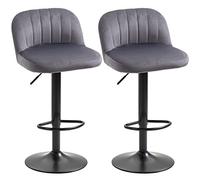 HOMCOM - Juego de 2 taburetes de bar de diseño contemporáneo con reposapiés, altura ajustable y giratoria, revestimiento de tela, efecto terciopelo, pie de metal, color gris