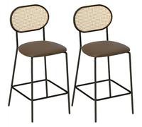 HOMCOM Juego de 2 Taburetes de Bar Taburetes Altos de Cocina con Respaldo de Ratán Asiento de PU Marco de Acero y Reposapiés para Comedor Mostrador 45x50x97 cm Marrón
