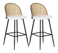 HOMCOM Juego de 2 Taburetes de Bar, Taburetes Altos de Cocina con Respaldo de Ratán, Asiento Tapizado en Borreguito, Marco de Acero y Reposapiés para Comedor, Mostrador, Blanco Crema