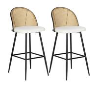 HOMCOM Juego de 2 Taburetes de Bar, Taburetes Altos de Cocina con Respaldo de Ratán, Asiento Tapizado en Borreguito, Marco de Acero y Reposapiés para Comedor, Mostrador, Blanco Crema