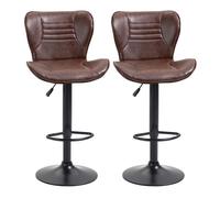 HOMCOM Juego de 2 Taburetes de Bar Tapizado en Cuero Sintético Taburetes Altos de Comedor Regulable en Altura Giratorio con Respaldo y Reposapiés 46,5x54x88-108 cm Marrón