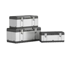 HOMCOM Juego de 3 cajas de herramientas de acero inoxidable con recubrimiento en polvo de 23, 19 y 16 pulgadas, con bandeja extraíble, asas, pestillos y caja de herramientas resistente para taller
