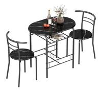 HOMCOM Juego de 3 mesas de comedor y sillas, mesa de barra de desayuno y 2 sillas con estante de almacenamiento, mesa de efecto mármol, marco de metal, juego de comedor para sala de estar, espacio