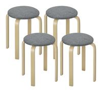 HOMCOM Juego de 4 Taburetes Apilables Redondos Taburetes Bajo de Cocina de Madera con Asiento Acolchado para Comedor Dormitorio Oficina Salón Gris y Natural