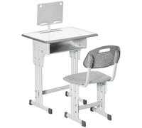 Homcom juego de escritorio y silla para niños de 6-12 años escritorio infantil altura ajustable con 1 cajón 1 ranura para lápiz y 1 estante para libros acero 60x45x90-102 cm gris