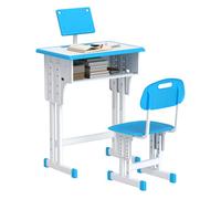 Homcom juego de escritorio y silla para niños de 6-12 años escritorio infantil altura ajustable con 1 cajón 1 ranura para lápiz y 1 estante para libros acero 60x45x90-102 cm azul 102 cm