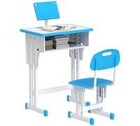 HOMCOM Juego de Escritorio y Silla para Niños de 6-12 Años Escritorio Infantil Altura Ajustable con 1 Cajón 1 Ranura para Lápiz y 1 Estante para Libros Acero 60x45x90-102 cm Azul