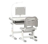 HOMCOM Juego de Escritorio y Silla para Niños de +6 Años Pupitre Infantil Altura Ajustable Escritorio Infantil con Mesa Inclinable Lámpara Cajón y Estante para Libros Gris
