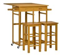 HOMCOM Juego de Mesa Alta de Bar y 2 Taburetes, Mesa Alta de Cocina de Bambú con Ruedas, Tablero Plegable, Ahorro Espacio, Cajones, Toalleros y Reposapiés, Marrón