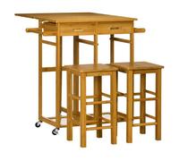 Homcom juego de mesa alta de bar y 2 taburetes, mesa alta de cocina de bambú con ruedas, tablero plegable, ahorro espacio, cajones, toalleros y reposapiés, marrón