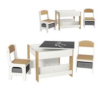 HOMCOM Juego de Mesa con Sillas para Niños 2 en 1 con Pizarra Cajones de Tela y Espacio de Almacenamiento Blanco y Natural