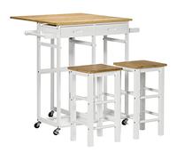 HOMCOM - Juego de mesa de bar, carrito de cocina, mesa de cocina, plegable, ruedas + 2 taburetes, color blanco y madera clara, 2 cajones y portapaños