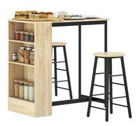 HOMCOM Juego de Mesa de Bar con taburetes de Bar, Mesa de Cocina con 2 sillas de Bar y reposapiés, Mesa de Cocina Moderna con 4 estantes Ajustables para Cocina, Comedor, Roble