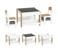 HOMCOM Juego de Mesa y 2 Sillas Infantiles Mesa con Sillas para Niños 3 en 1 con Pizarra Cajones de Tela y Espacio de Almacenamiento para Guardería Sala de Juegos Blanco y Natural