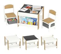 HOMCOM Juego de Mesa y 2 Sillas Infantiles Mesa con Sillas para Niños 3 en 1 con Pizarra Cajones de Tela y Espacio de Almacenamiento para Guardería Sala de Juegos Blanco y Natural