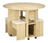 HOMCOM Juego de Mesa y sillas de aglomerado de 5 Piezas, Mesa Plegable Redonda con 2 estantes Abiertos y 4 taburetes de Roble