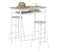 HOMCOM Set de Mesa Alta y 2 Taburetes con Estante de Almacenamiento y Marco de Metal 80x50x90 cm Blanco y Natural Aosom España