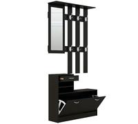 HOMCOM - Juego de muebles de entrada para vestuario 3 en 1 con panel portaabrigos, espejo y banco para zapatos, 6 ganchos y estante ajustable, color negro