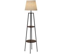 HOMCOM Lámpara de pie 2 estantes de almacenamiento E27 40W, Negro Marrón | Lámpara de pie para salón, cadena de tiro, pantalla de tela, metal, diseño moderno
