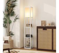 HOMCOM Lámpara de Pie con Estantes de Almacenaje, Lámpara de Madera Moderna, Bombilla E27, para Salón, Dormitorio, Oficina, Blanco