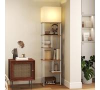 HOMCOM Lámpara de Pie con Estantes, Lámpara Salón con Brillo y Temperaturas de Color Ajustable 3000K-6500K, Control Remoto, Temporizador, 5 Modos, Bombilla 9W Incluida, Portalámparas E27, Natural