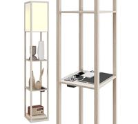 HOMCOM Lámpara de pie LED con estantes, lámpara moderna con interruptor de pedal y puertos USB, temperatura de luz regulable para salón y dormitorio, blanco y roble