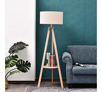 HOMCOM Lámpara de Pie Trípode con Estante Lámpara de Pie Salón con Pantalla de Lino Interruptor de Pie para Sala de Estar Oficina Dormitorio Beige y Natural