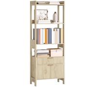 HOMCOM Librería alta, mueble de almacenaje con 4 estantes abiertos y 2 cajones estriados, tiradores dorados, estilo moderno, para salón, estudio, dormitorio, 60 x 30 x 160 cm, madera natural