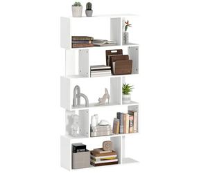 HOMCOM Librería asimétrica en forma de S de 5 capas con 10 estantes abiertos y correas antivuelco, Librería moderna en aglomerado, 80x24x159 cm, Blanco