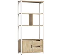 HOMCOM Librería Estantería para Libros con Estantes Cajones y Puerta 58x24x122 cm Estilo Industrial Blanco y Madera Natural