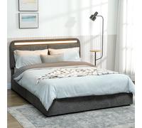 HOMCOM Lit coffre 140x190cm avec éclairage LED, tête de lit réglable, cadre de lit double rembourré polar Teddy, sommier à lattes en bois, rangement caché et télécommande, sans bruit, gris