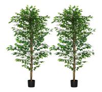 HOMCOM Lote de 2 plantas artificiales ficus altura 1,80 m tronco ramas liana musgo hojas gran realismo maceta incluida verde