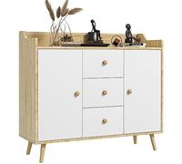 HOMCOM Madera Aparador Sala de Estar 90x32x80cm Blanco y Madera | 3 cajones, 2 armarios de dos niveles, unidad de sala de estar moderna multiuso, para cocina, comedor y sala de estar.