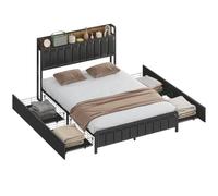 HOMCOM - Marco de cama (140 x 190 cm), color negro | Cama doble acolchada de cuero sintético, pie y cabeza incluidos, estantería, 4 cajones, sin ruidos, estilo industrial
