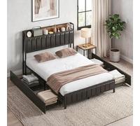 HOMCOM - Marco de cama (140 x 190 cm, con somier de láminas de metal, cama doble acolchada de piel sintética con cabecera, pie de cama, 4 cajones y estante, sin ruidos, estilo industrial, color negro