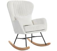 HOMCOM Mecedora, mecedora de terciopelo, mecedora con cojín, asiento tapizado, respaldo alto, reposabrazos, patas de acero y base de madera de caucho, para salón, dormitorio, blanco