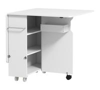 HOMCOM Mesa Abatible Plegable con Estantes de 3 Niveles, Caja y Ruedas, en MDF, 130x80x76.5 cm, Blanco Aosom España