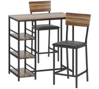 HOMCOM Mesa alta 3 estantes y 2 taburetes con reposapiés y respaldo, nogal/negro