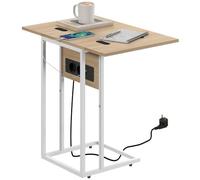HOMCOM Mesa Auxiliar con Encimera Plegable 39x29x57 cm Blanco y Natural | Mesa Auxiliar para Sofá, Estación de Carga, Forma de C, Puerto USB y USB-C, Salón y Dormitorio